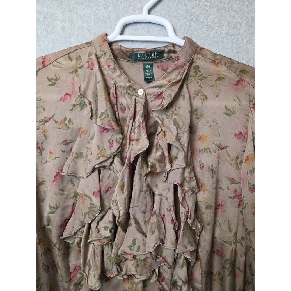 Lauren Ralph Lauren 100% Silk Brown Floral LS Ruffle Jabot Blouse Women Plus 18W - Picture 3 of 11